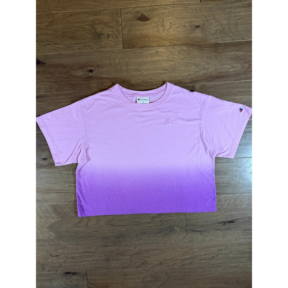 Champion‎ Purple Ombre Cropped T-Shirt Womens XL Dip Dye Logo Tee W59500